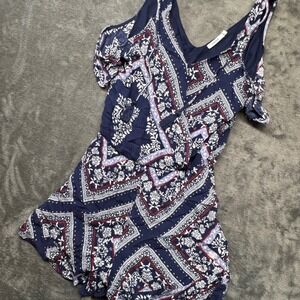 Maurices Women's Size S Blue White‎ Paisley Cold Shoulder Romper Jumpsuit